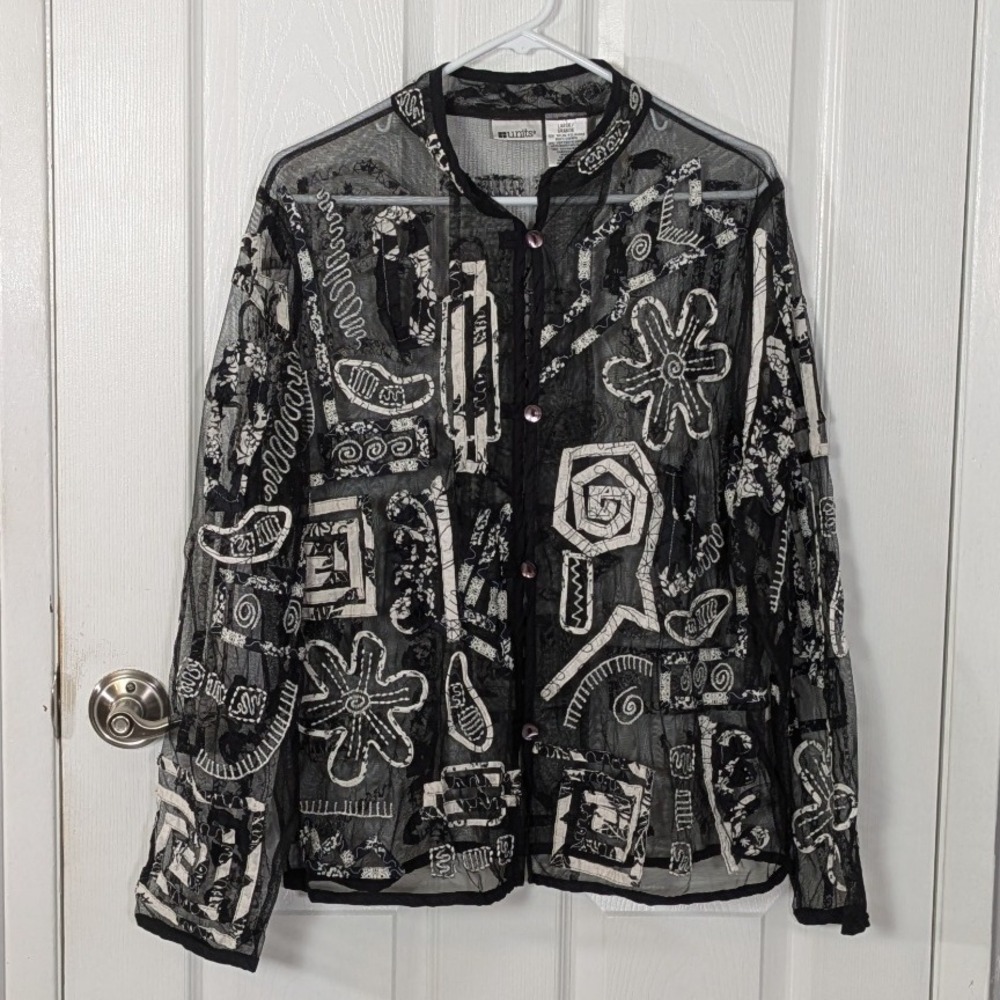 Vintage Units Sheer Embroidered Blouse Artsy Bohemian Button Down Top Size Large